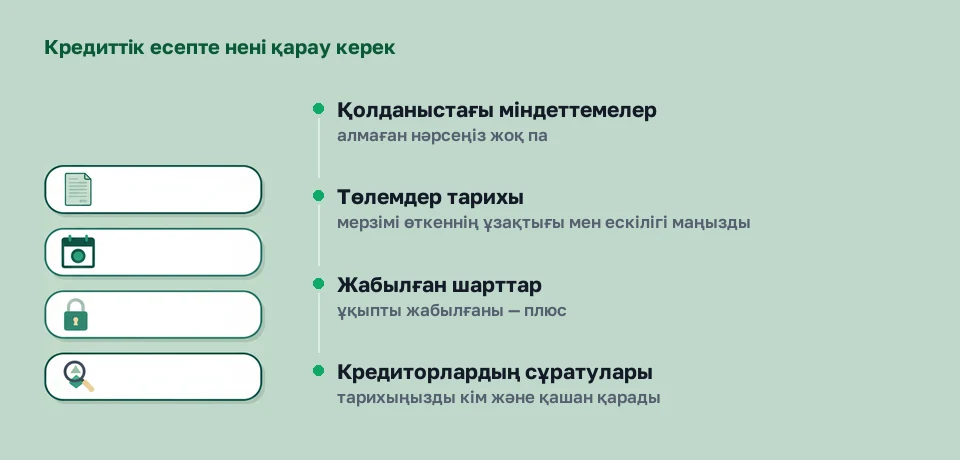 Кредиттік есептің төрт бөлімі: қолданыстағы міндеттемелер, төлемдер тарихы, жабылған шарттар, кредиторлардың сұратулары